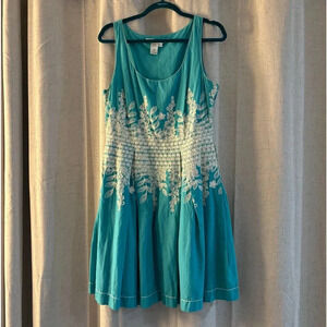 Max Studio, Studio M Size Large Teal and Cream A-line Sleeveless Dress.